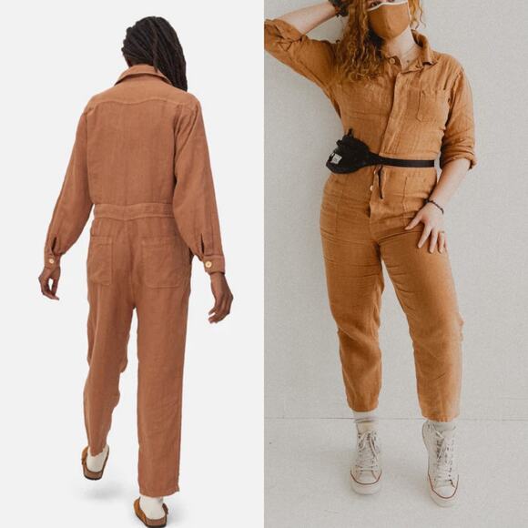 MATE The Label Long Sleeve Linen Buttondown Jumpsuit Sedona Brown Large - Picture 2 of 6